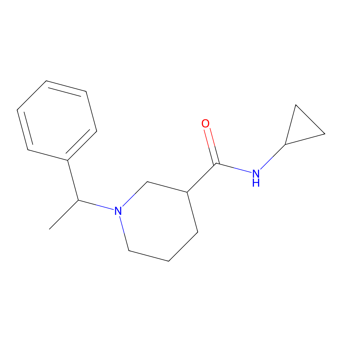 N-cyclopropyl-1-(1-phenylethyl)piperidine-3-carboxamide molecular structure, CAS 2877635-23-7