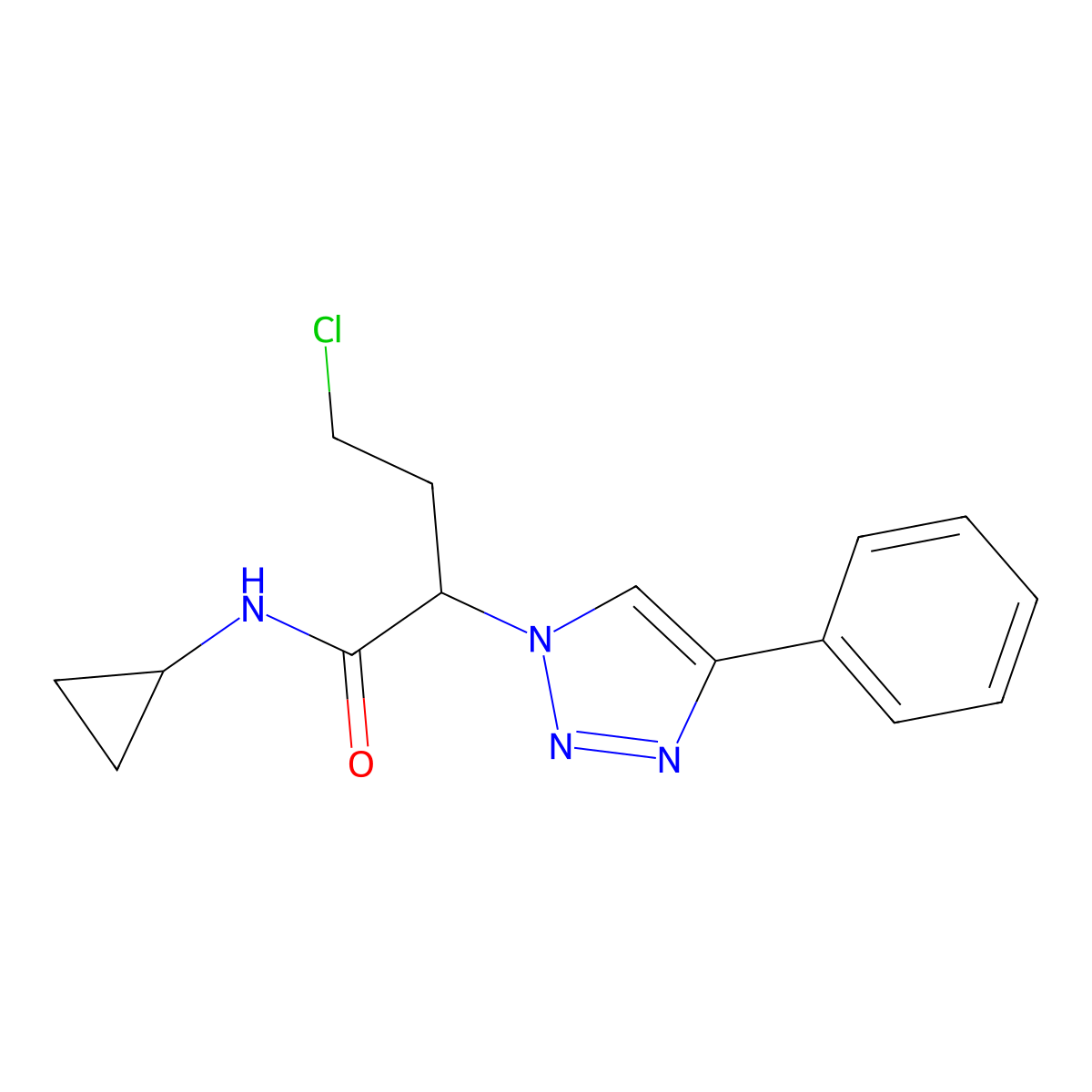 4-chloro-N-cyclopropyl-2-(4-phenyl-1H-1,2,3-triazol-1-yl)butanamide molecular structure, CAS 2877635-27-1