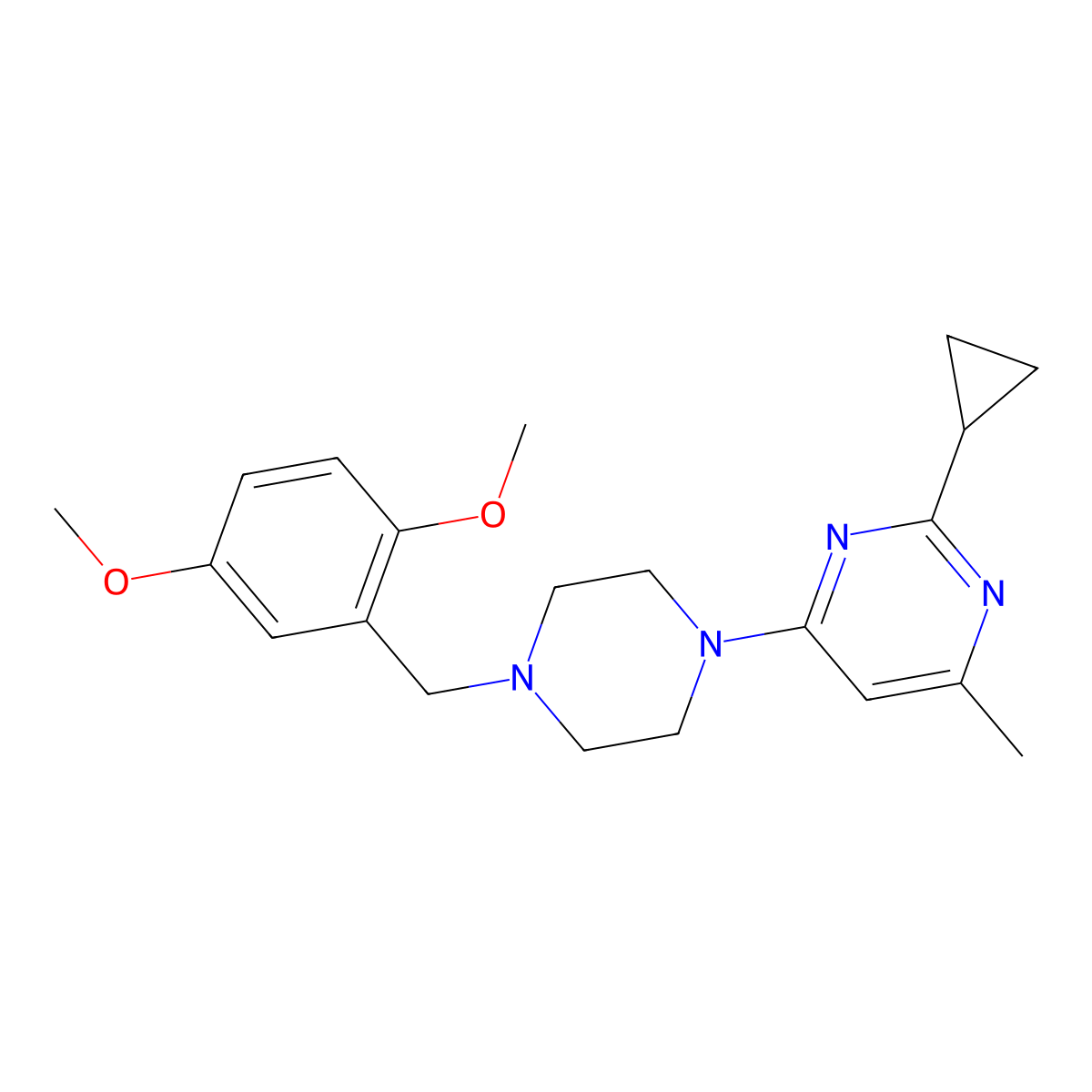 2-Cyclopropyl-4-{4-[(2,5-dimethoxyphenyl)methyl]piperazin-1-yl}-6-methylpyrimidine molecular structure, CAS 2877635-29-3