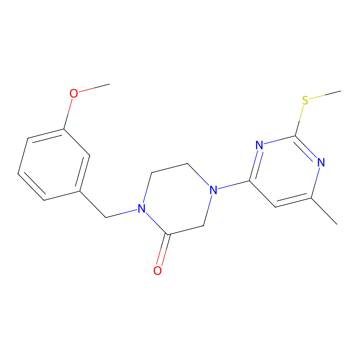 1-[(3-Methoxyphenyl)methyl]-4-[6-methyl-2-(methylsulfanyl)pyrimidin-4-yl]piperazin-2-one molecular structure, CAS 2877635-38-4