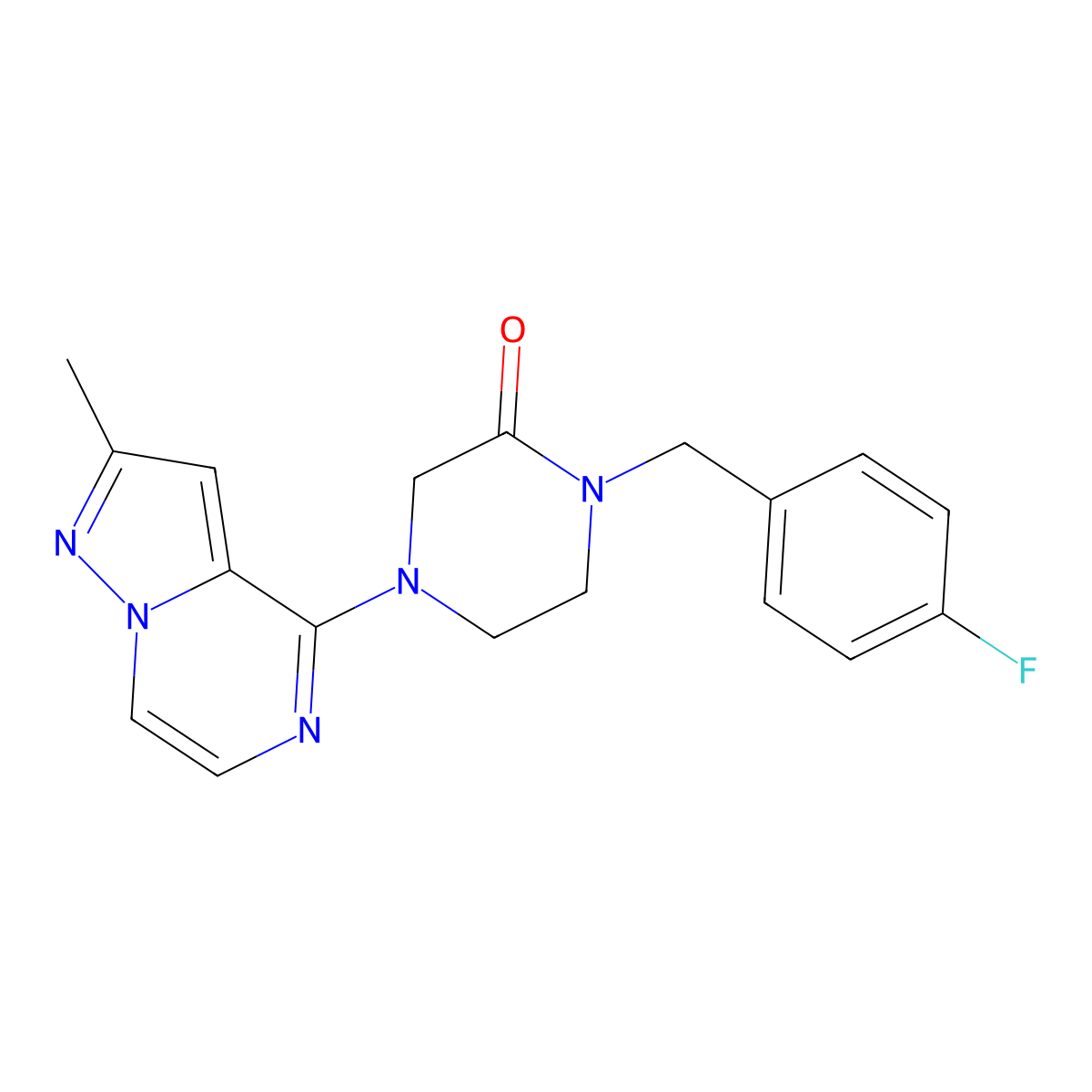 1-[(4-Fluorophenyl)methyl]-4-{2-methylpyrazolo[1,5-a]pyrazin-4-yl}piperazin-2-one molecular structure, CAS 2877635-39-5