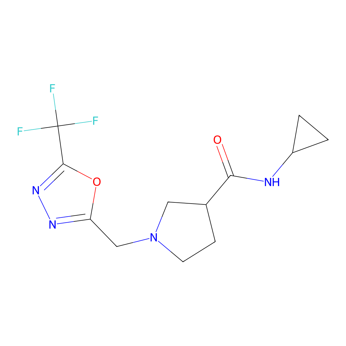 N-cyclopropyl-1-{[5-(trifluoromethyl)-1,3,4-oxadiazol-2-yl]methyl}pyrrolidine-3-carboxamide molecular structure, CAS 2877635-40-8