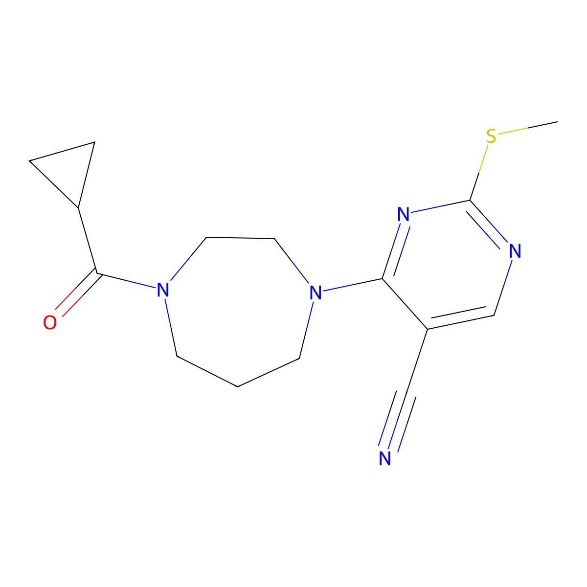 4-(4-Cyclopropanecarbonyl-1,4-diazepan-1-yl)-2-(methylsulfanyl)pyrimidine-5-carbonitrile molecular structure, CAS 2877635-41-9