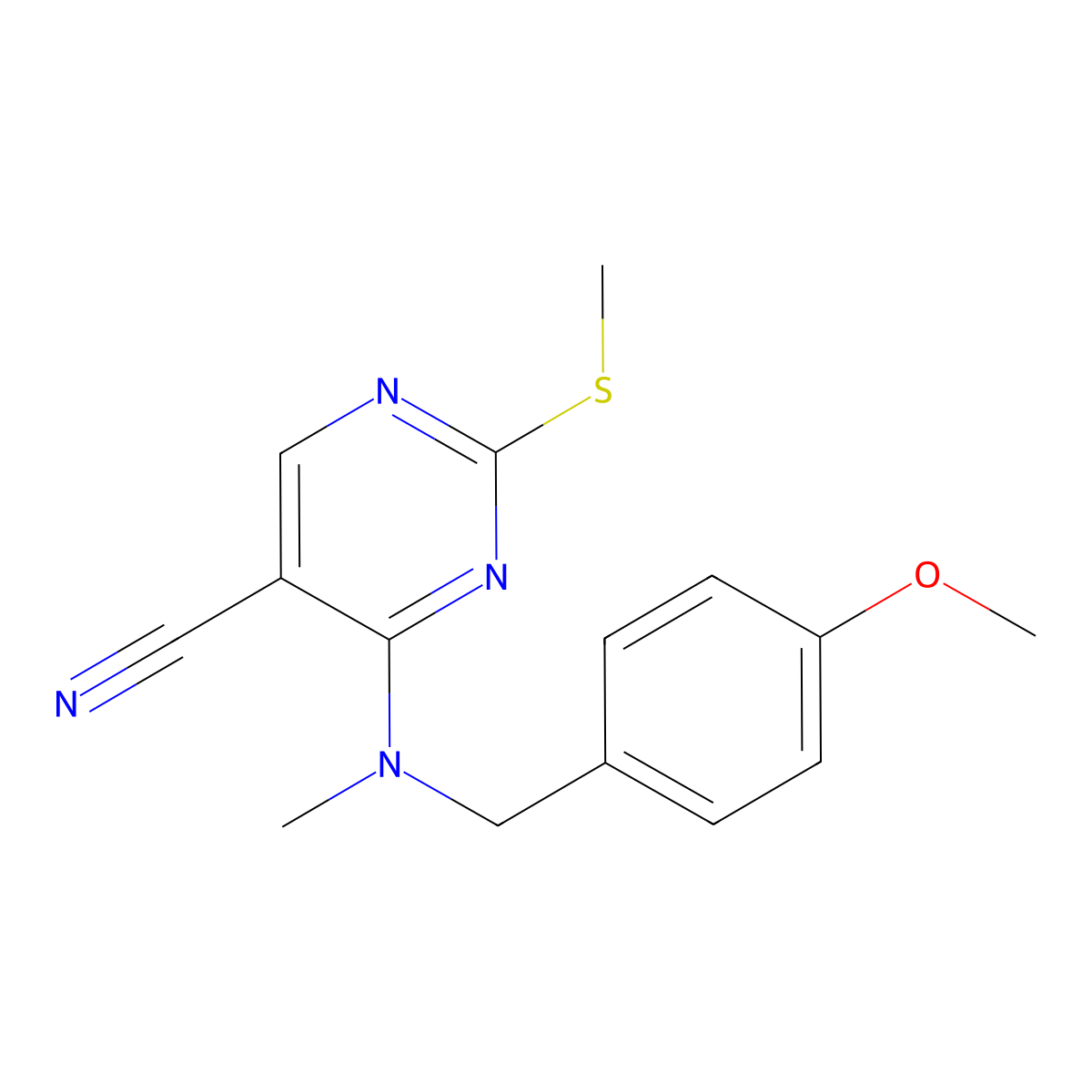 4-{[(4-Methoxyphenyl)methyl](methyl)amino}-2-(methylsulfanyl)pyrimidine-5-carbonitrile molecular structure, CAS 2877635-42-0