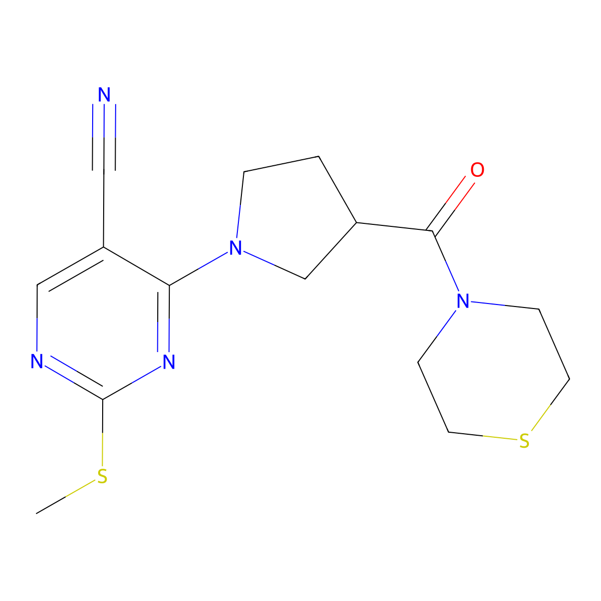 2-(Methylsulfanyl)-4-[3-(thiomorpholine-4-carbonyl)pyrrolidin-1-yl]pyrimidine-5-carbonitrile molecular structure, CAS 2877635-46-4