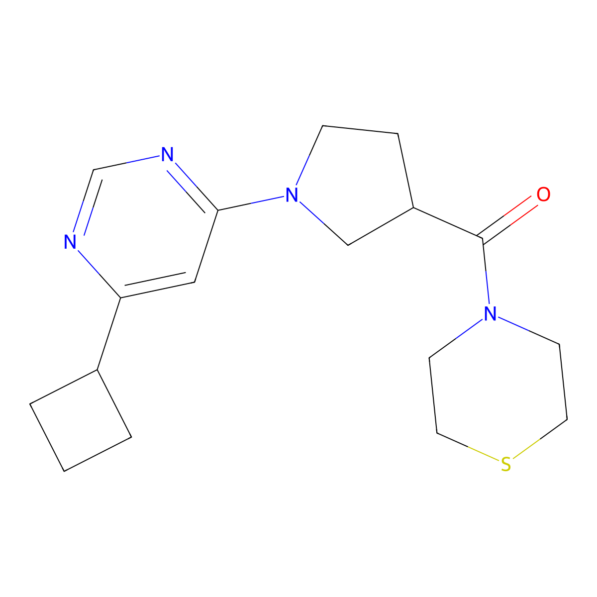 4-[1-(6-Cyclobutylpyrimidin-4-yl)pyrrolidine-3-carbonyl]thiomorpholine molecular structure, CAS 2877635-60-2