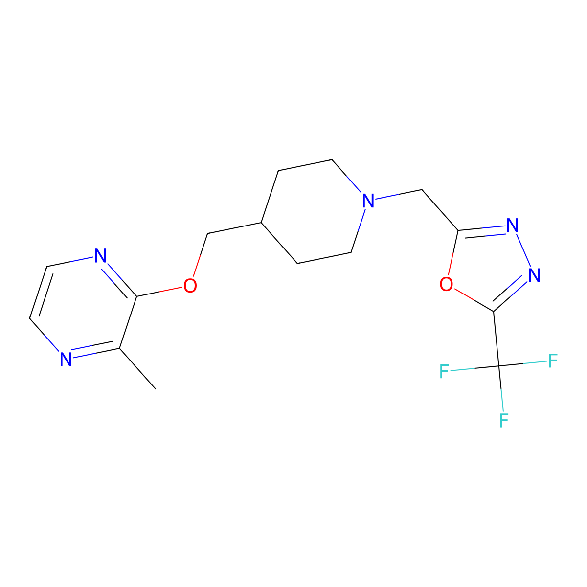 2-Methyl-3-[(1-{[5-(trifluoromethyl)-1,3,4-oxadiazol-2-yl]methyl}piperidin-4-yl)methoxy]pyrazine molecular structure, CAS 2877635-63-5