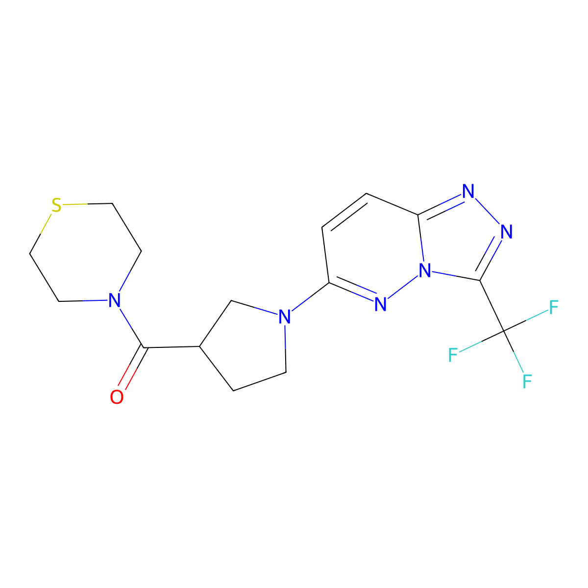 4-{1-[3-(Trifluoromethyl)-[1,2,4]triazolo[4,3-b]pyridazin-6-yl]pyrrolidine-3-carbonyl}thiomorpholine molecular structure, CAS 2877635-69-1