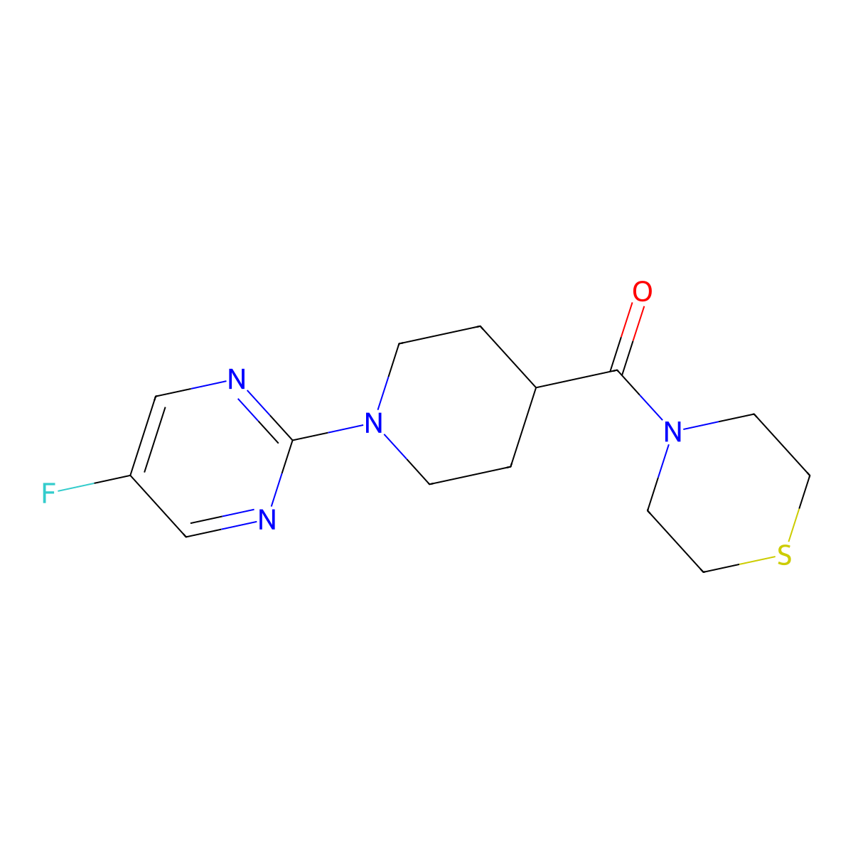 4-[1-(5-Fluoropyrimidin-2-yl)piperidine-4-carbonyl]thiomorpholine molecular structure, CAS 2877635-74-8