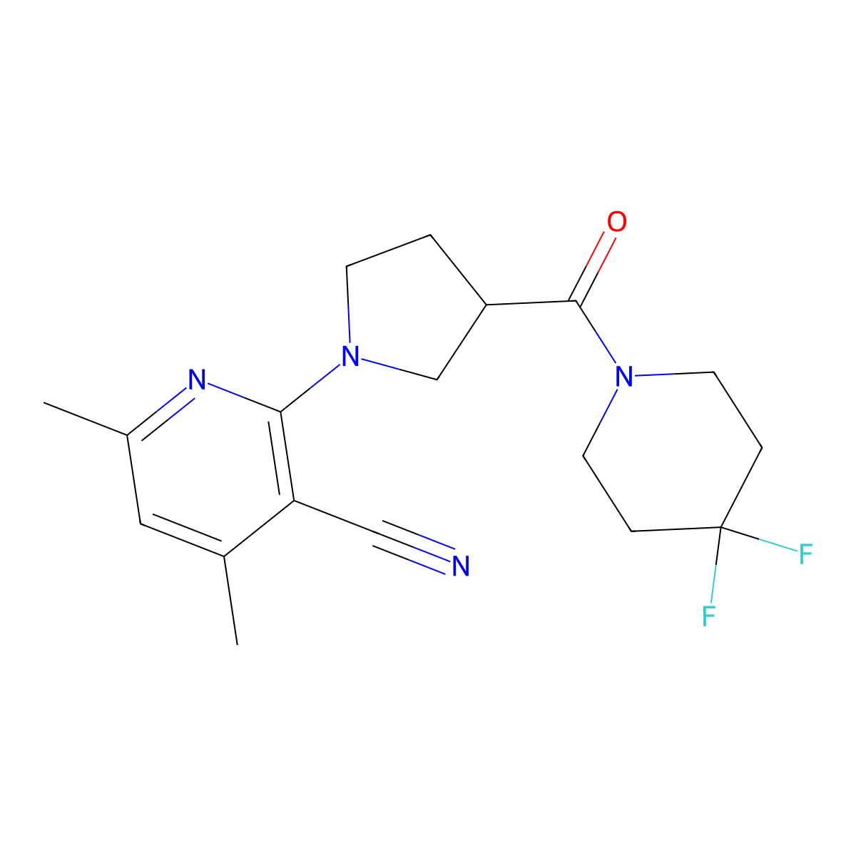 2-[3-(4,4-Difluoropiperidine-1-carbonyl)pyrrolidin-1-yl]-4,6-dimethylpyridine-3-carbonitrile molecular structure, CAS 2877635-79-3