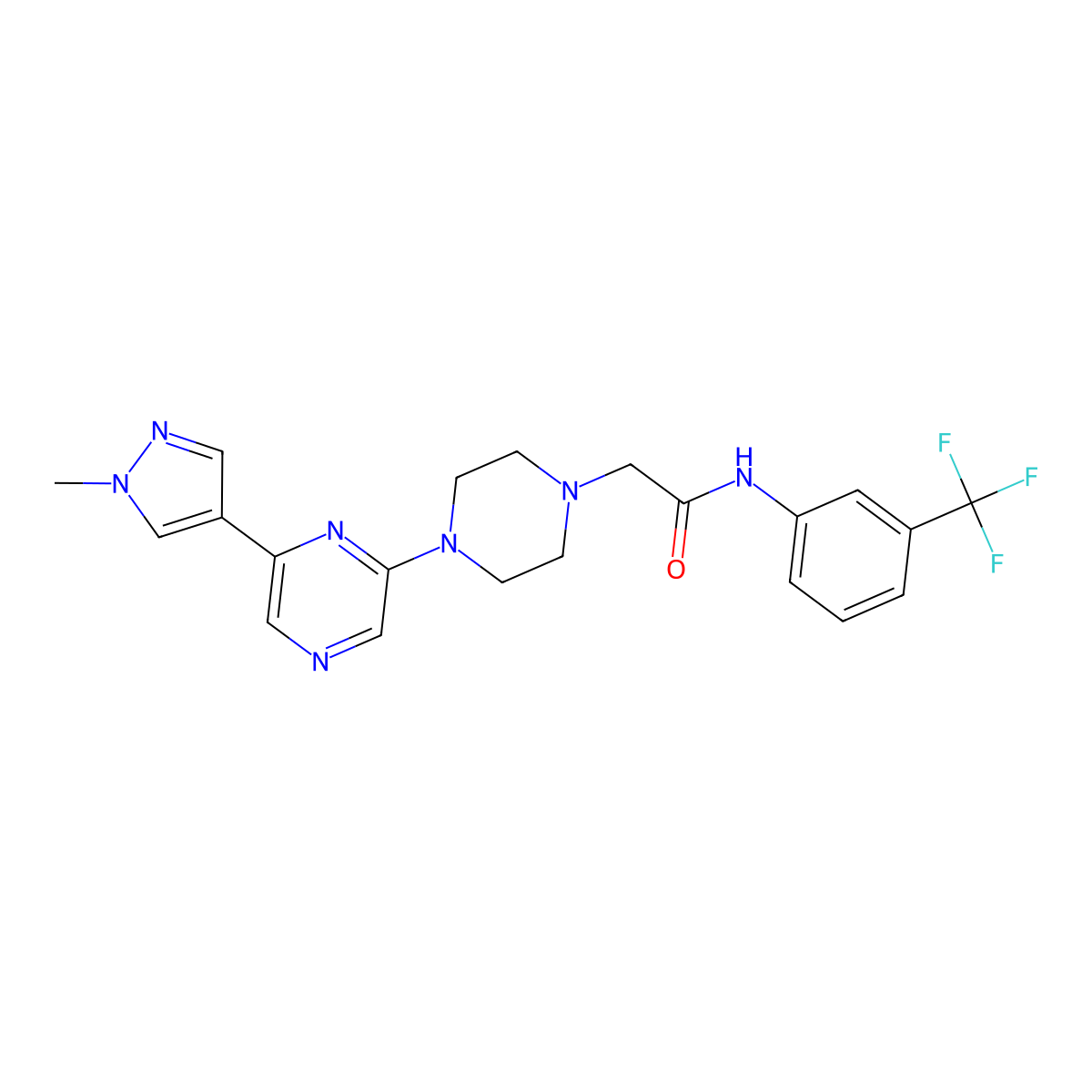 2-{4-[6-(1-methyl-1H-pyrazol-4-yl)pyrazin-2-yl]piperazin-1-yl}-N-[3-(trifluoromethyl)phenyl]acetamide molecular structure, CAS 2877635-84-0