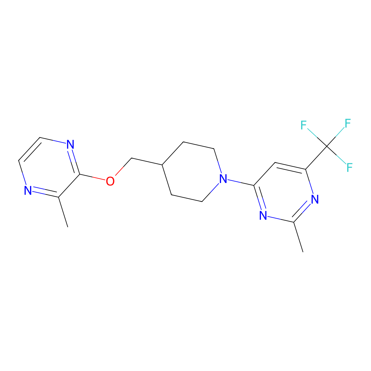 2-Methyl-4-(4-{[(3-methylpyrazin-2-yl)oxy]methyl}piperidin-1-yl)-6-(trifluoromethyl)pyrimidine molecular structure, CAS 2877635-89-5
