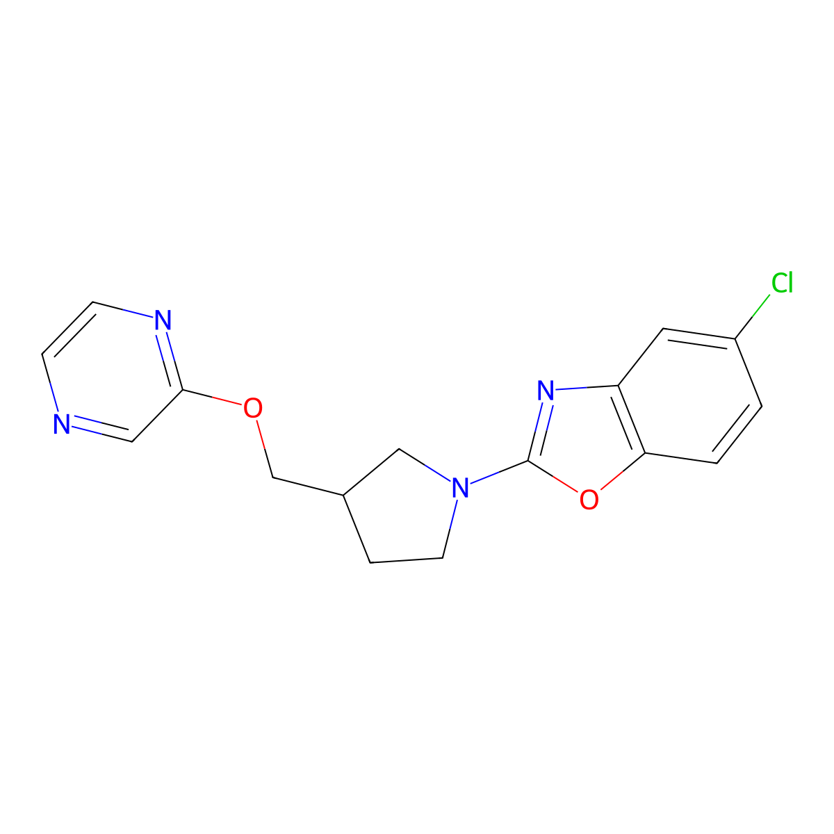 5-Chloro-2-{3-[(pyrazin-2-yloxy)methyl]pyrrolidin-1-yl}-1,3-benzoxazole molecular structure, CAS 2877635-92-0