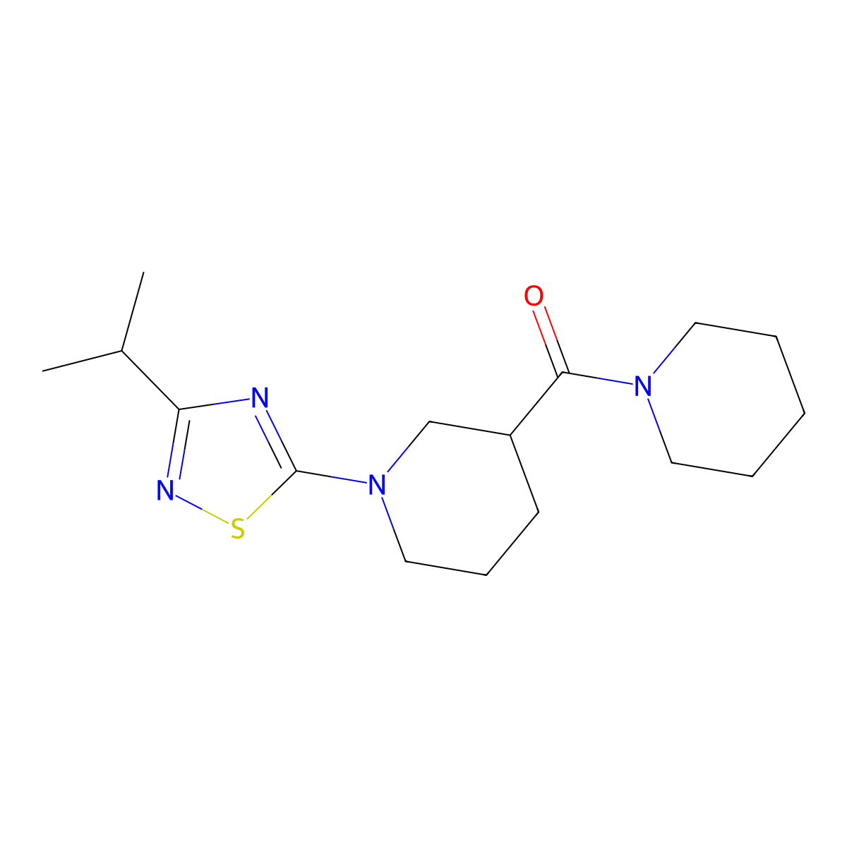 3-(Piperidine-1-carbonyl)-1-[3-(propan-2-yl)-1,2,4-thiadiazol-5-yl]piperidine molecular structure, CAS 2877635-93-1