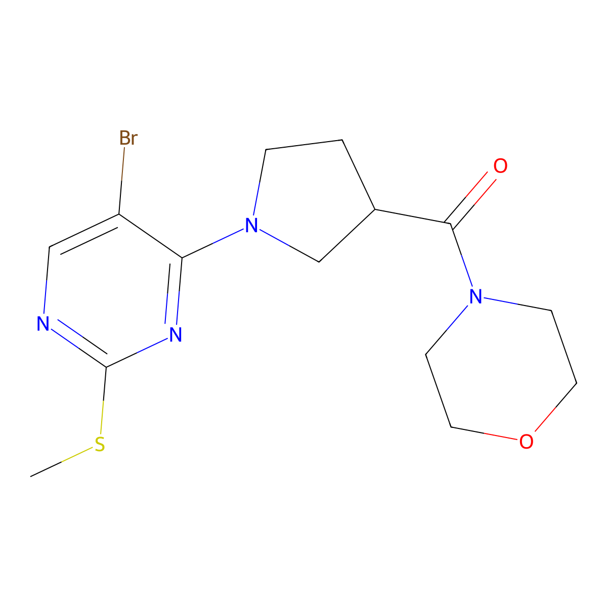 4-{1-[5-Bromo-2-(methylsulfanyl)pyrimidin-4-yl]pyrrolidine-3-carbonyl}morpholine molecular structure, CAS 2877635-97-5