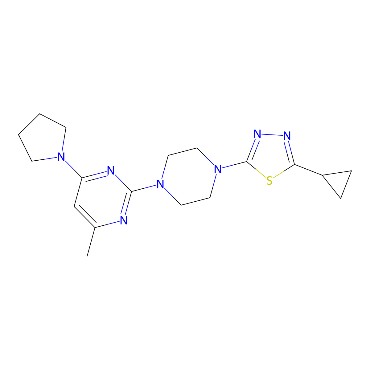 2-[4-(5-Cyclopropyl-1,3,4-thiadiazol-2-yl)piperazin-1-yl]-4-methyl-6-(pyrrolidin-1-yl)pyrimidine molecular structure, CAS 2877635-99-7
