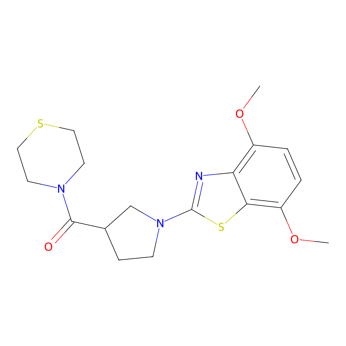 4,7-Dimethoxy-2-[3-(thiomorpholine-4-carbonyl)pyrrolidin-1-yl]-1,3-benzothiazole molecular structure, CAS 2877636-11-6