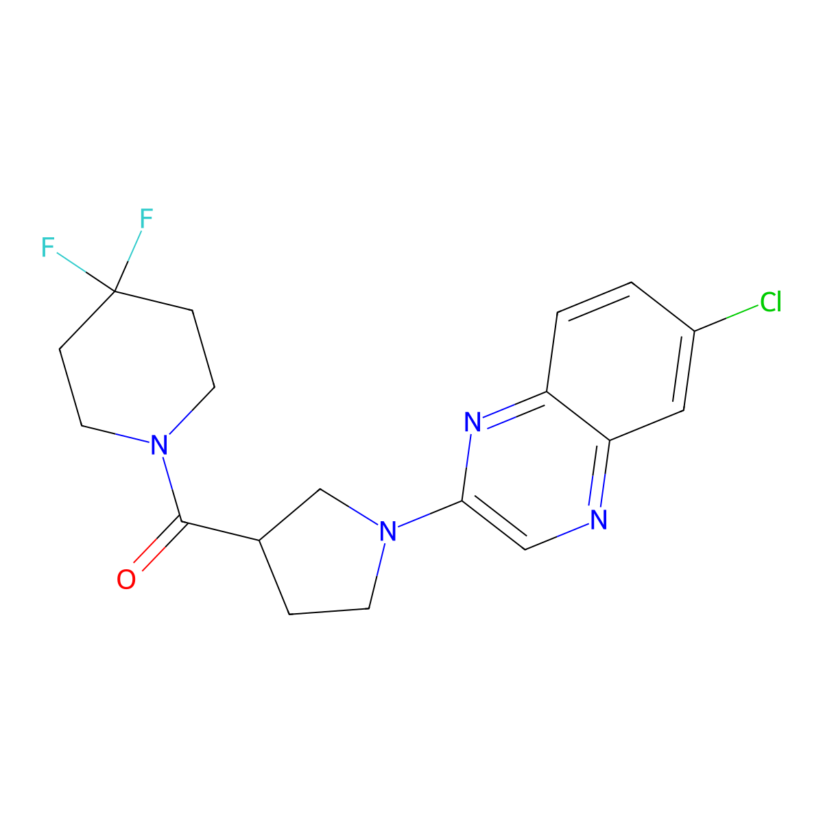 6-Chloro-2-[3-(4,4-difluoropiperidine-1-carbonyl)pyrrolidin-1-yl]quinoxaline molecular structure, CAS 2877636-16-1