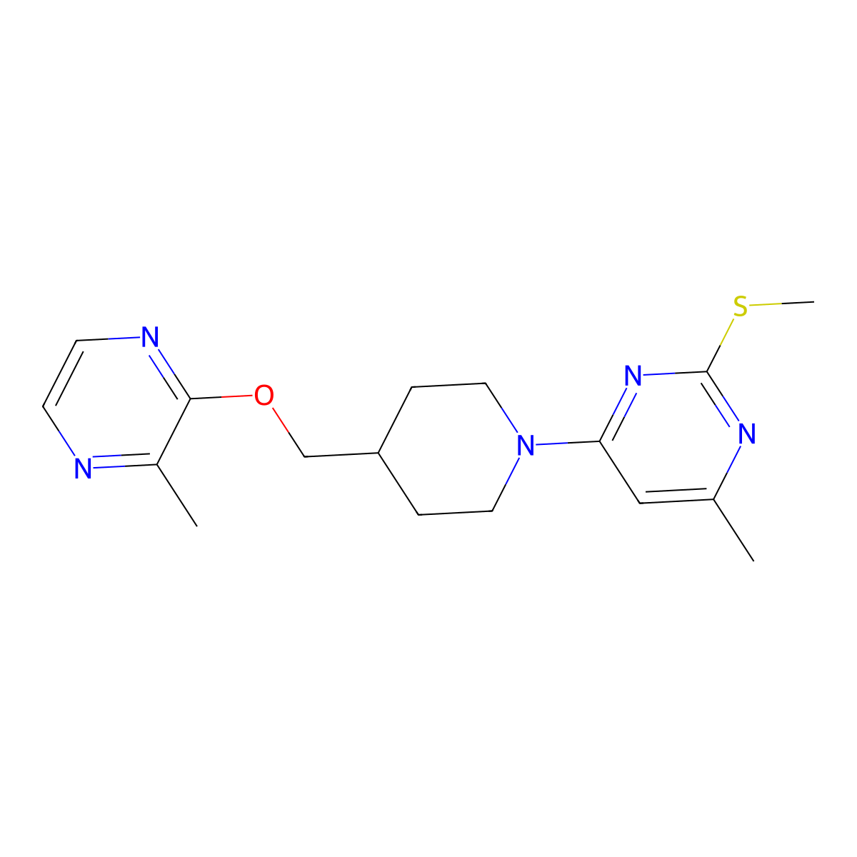 4-Methyl-6-(4-{[(3-methylpyrazin-2-yl)oxy]methyl}piperidin-1-yl)-2-(methylsulfanyl)pyrimidine molecular structure, CAS 2877636-42-3