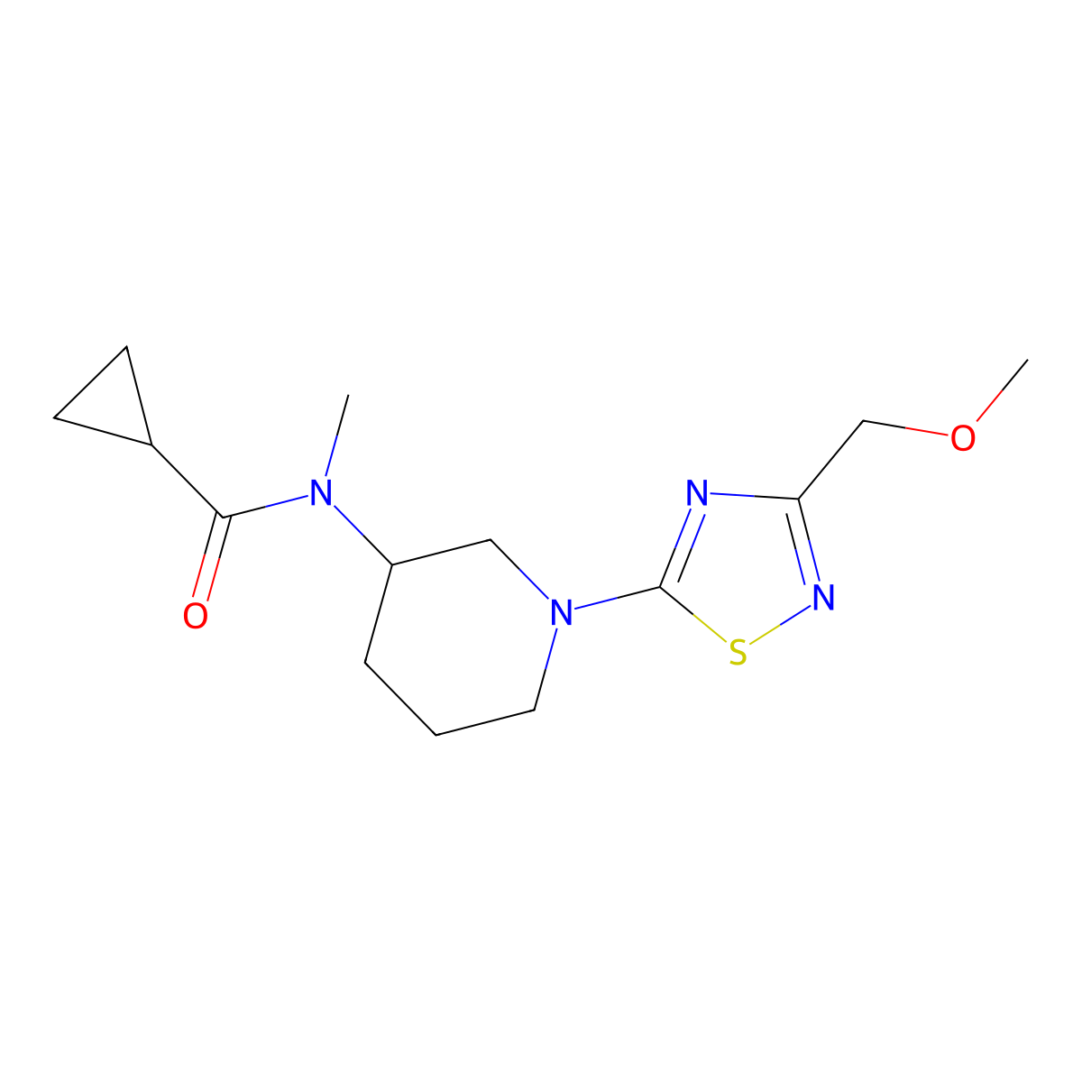 N-{1-[3-(methoxymethyl)-1,2,4-thiadiazol-5-yl]piperidin-3-yl}-N-methylcyclopropanecarboxamide molecular structure, CAS 2877636-46-7