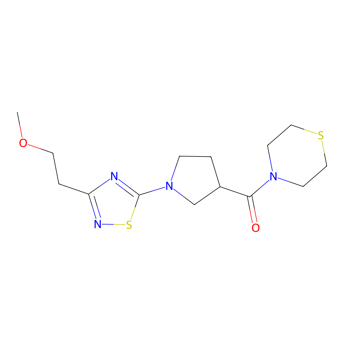 4-{1-[3-(2-Methoxyethyl)-1,2,4-thiadiazol-5-yl]pyrrolidine-3-carbonyl}thiomorpholine molecular structure, CAS 2877636-51-4