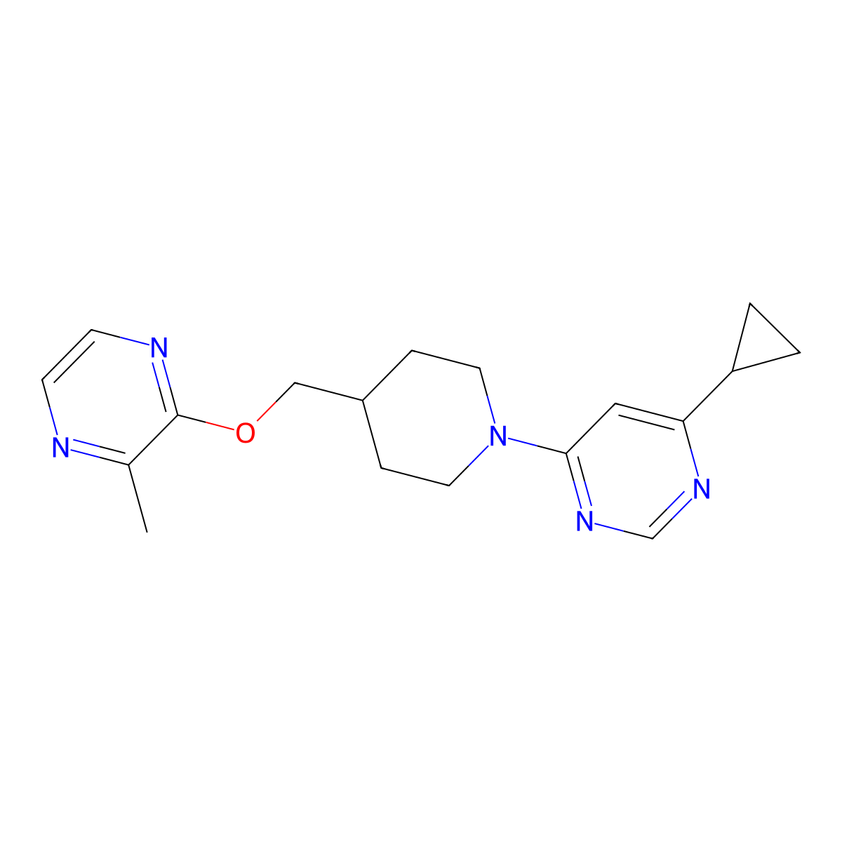 4-Cyclopropyl-6-(4-{[(3-methylpyrazin-2-yl)oxy]methyl}piperidin-1-yl)pyrimidine molecular structure, CAS 2877636-52-5