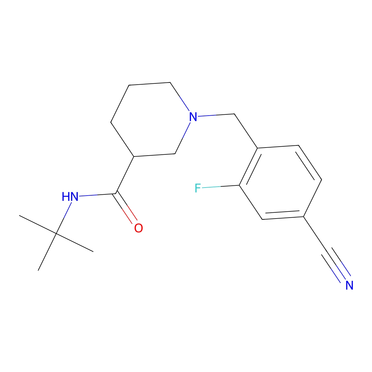 N-tert-butyl-1-[(4-cyano-2-fluorophenyl)methyl]piperidine-3-carboxamide molecular structure, CAS 2877636-57-0