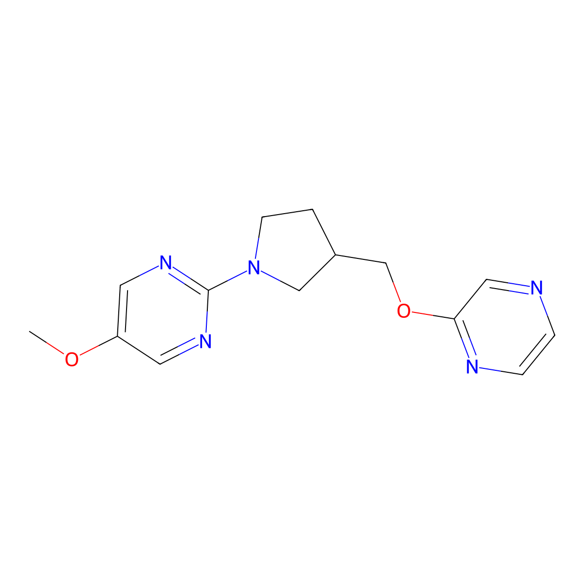 5-Methoxy-2-{3-[(pyrazin-2-yloxy)methyl]pyrrolidin-1-yl}pyrimidine molecular structure, CAS 2877636-60-5