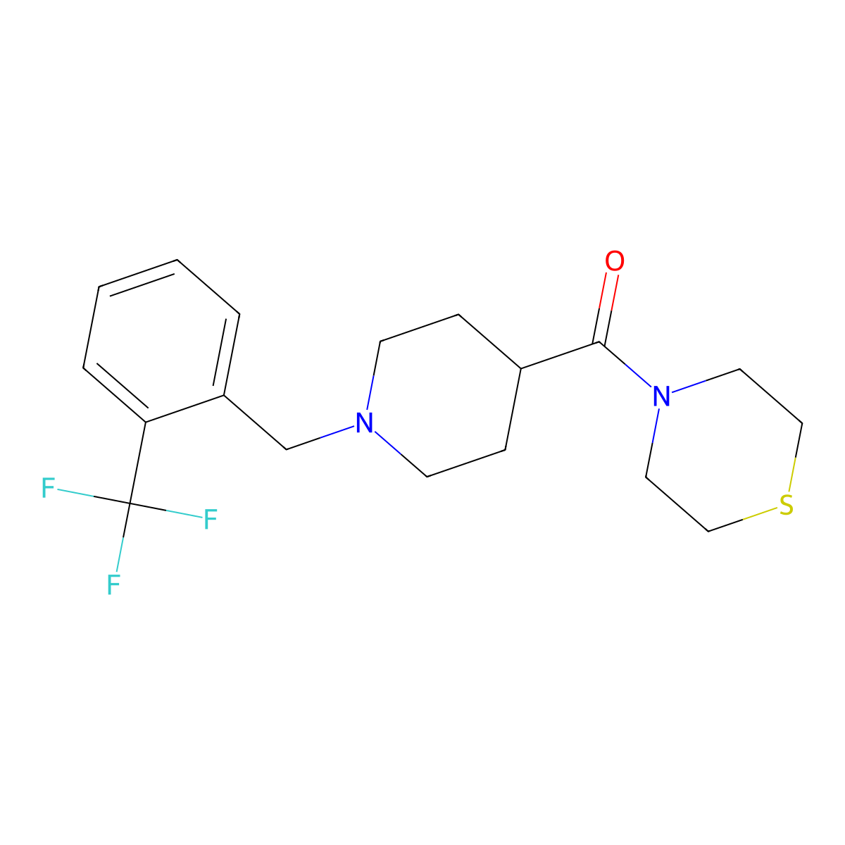 4-(1-{[2-(Trifluoromethyl)phenyl]methyl}piperidine-4-carbonyl)thiomorpholine molecular structure, CAS 2877636-63-8
