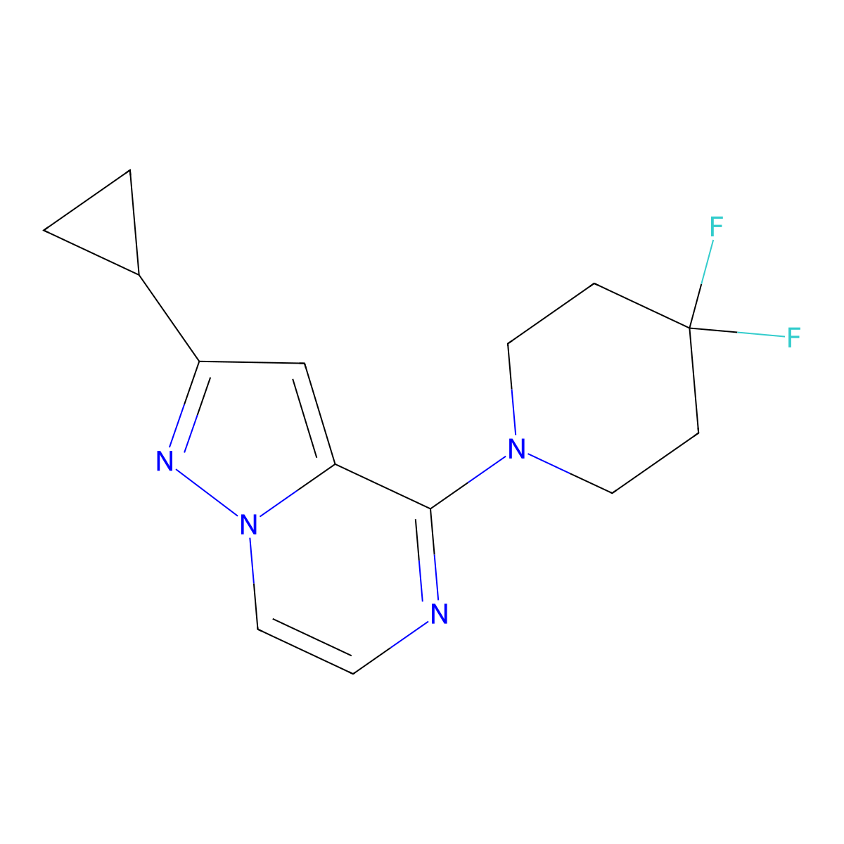 1-{2-Cyclopropylpyrazolo[1,5-a]pyrazin-4-yl}-4,4-difluoropiperidine molecular structure, CAS 2877636-67-2