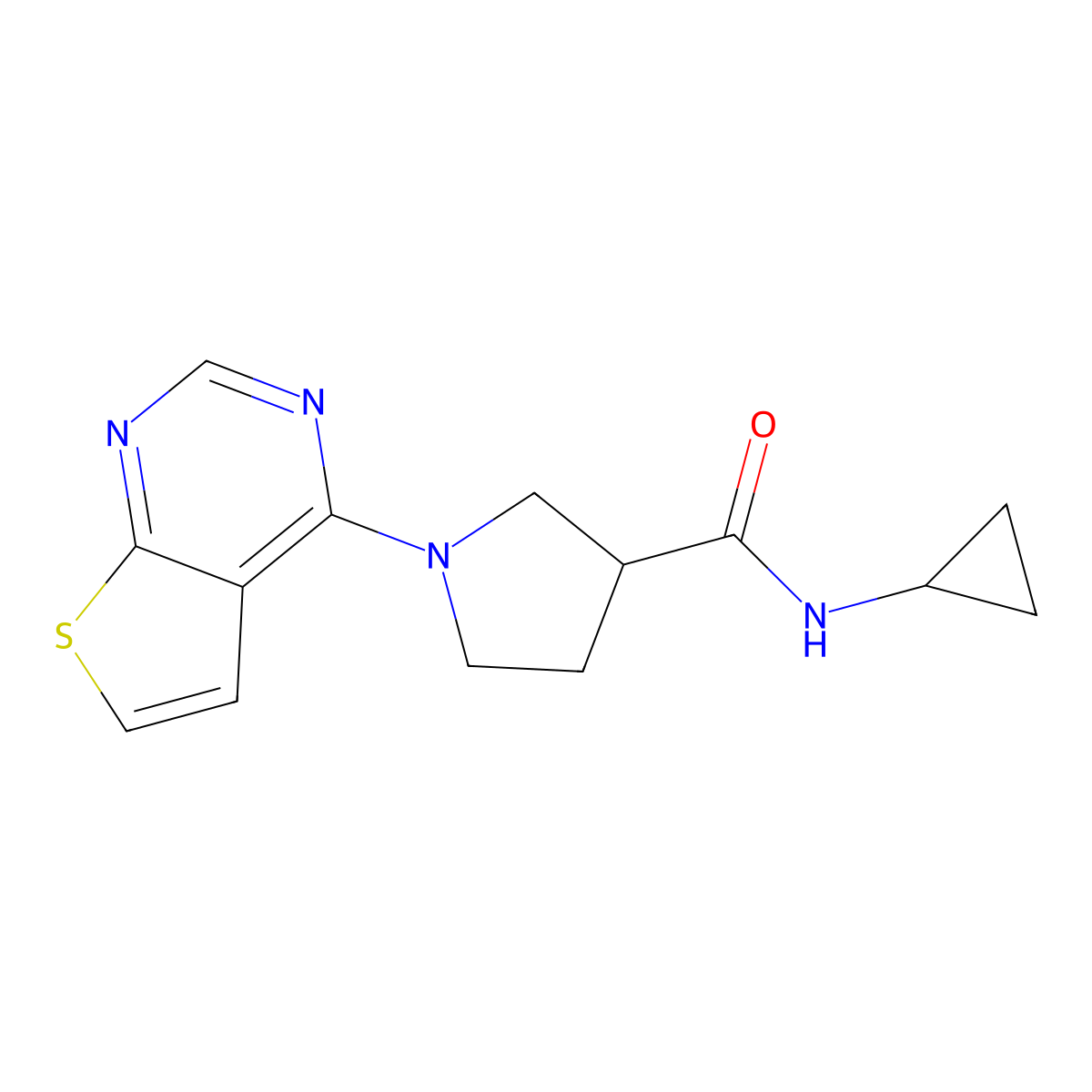 N-cyclopropyl-1-{thieno[2,3-d]pyrimidin-4-yl}pyrrolidine-3-carboxamide molecular structure, CAS 2877636-68-3