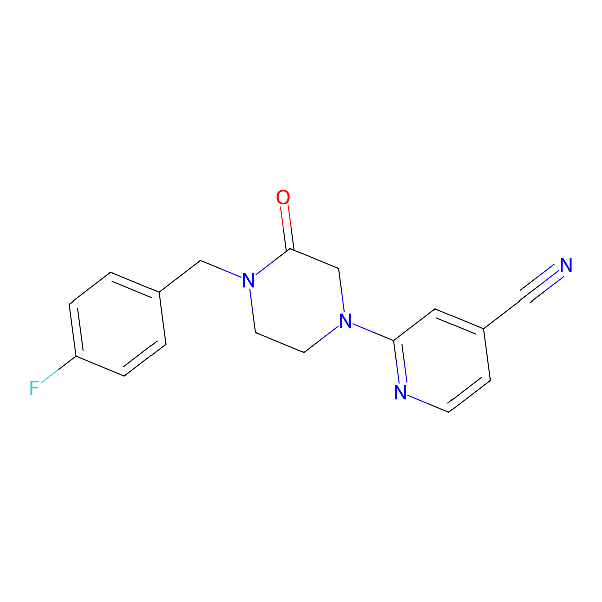 2-{4-[(4-Fluorophenyl)methyl]-3-oxopiperazin-1-yl}pyridine-4-carbonitrile molecular structure, CAS 2877636-71-8