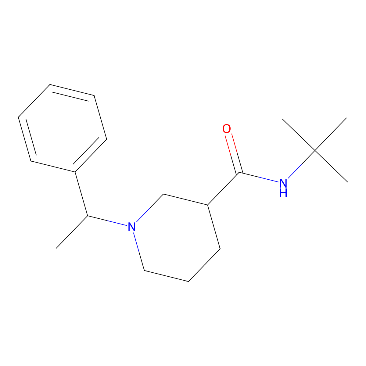 N-tert-butyl-1-(1-phenylethyl)piperidine-3-carboxamide molecular structure, CAS 2877636-80-9