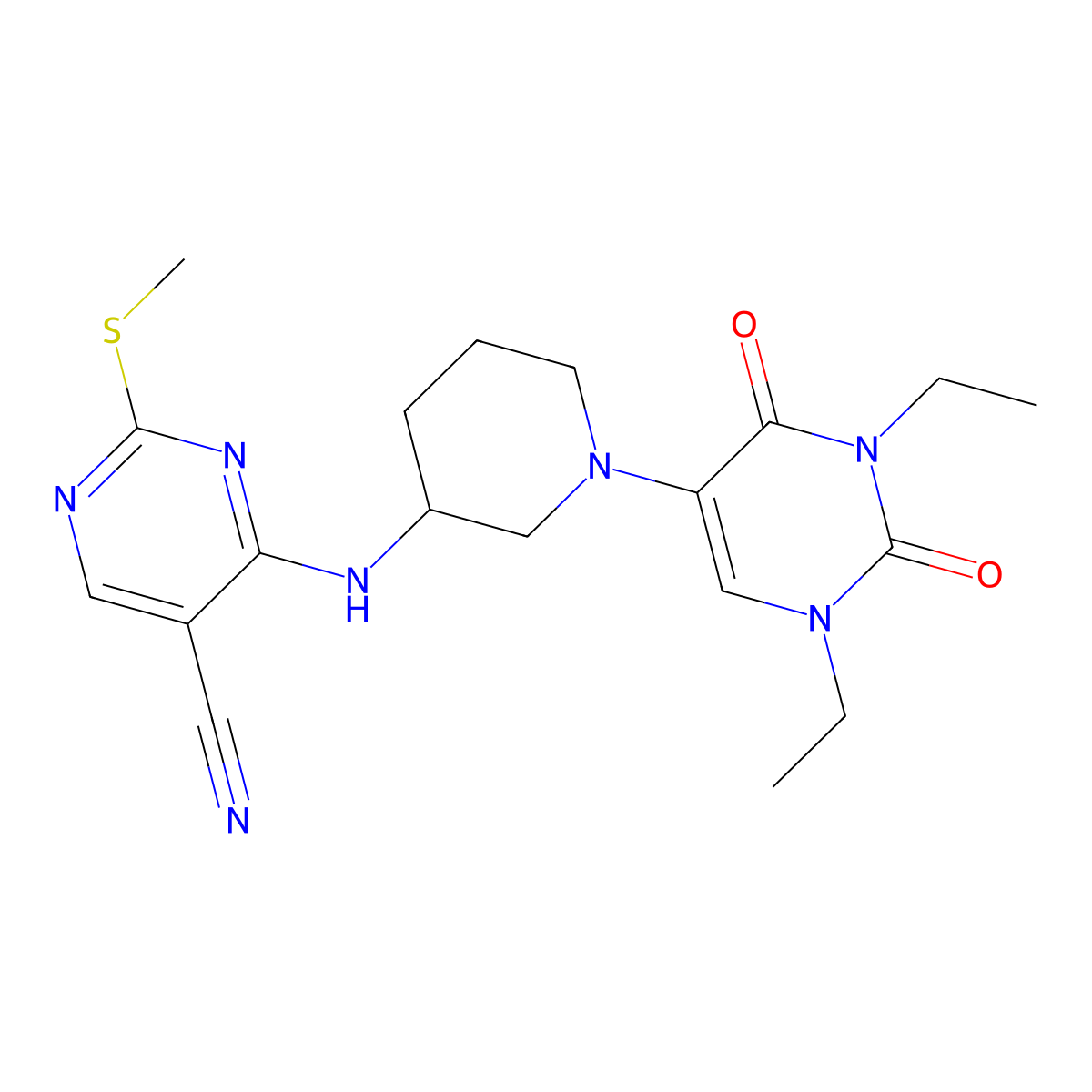 4-{[1-(1,3-Diethyl-2,4-dioxo-1,2,3,4-tetrahydropyrimidin-5-yl)piperidin-3-yl]amino}-2-(methylsulfanyl)pyrimidine-5-carbonitrile molecular structure, CAS 2877636-82-1