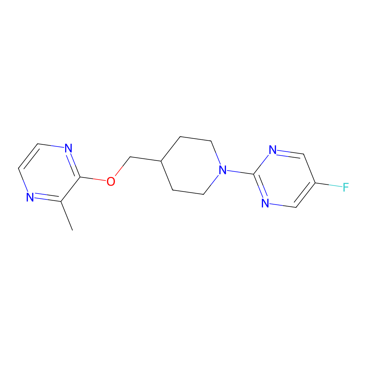 5-Fluoro-2-(4-{[(3-methylpyrazin-2-yl)oxy]methyl}piperidin-1-yl)pyrimidine molecular structure, CAS 2877637-08-4