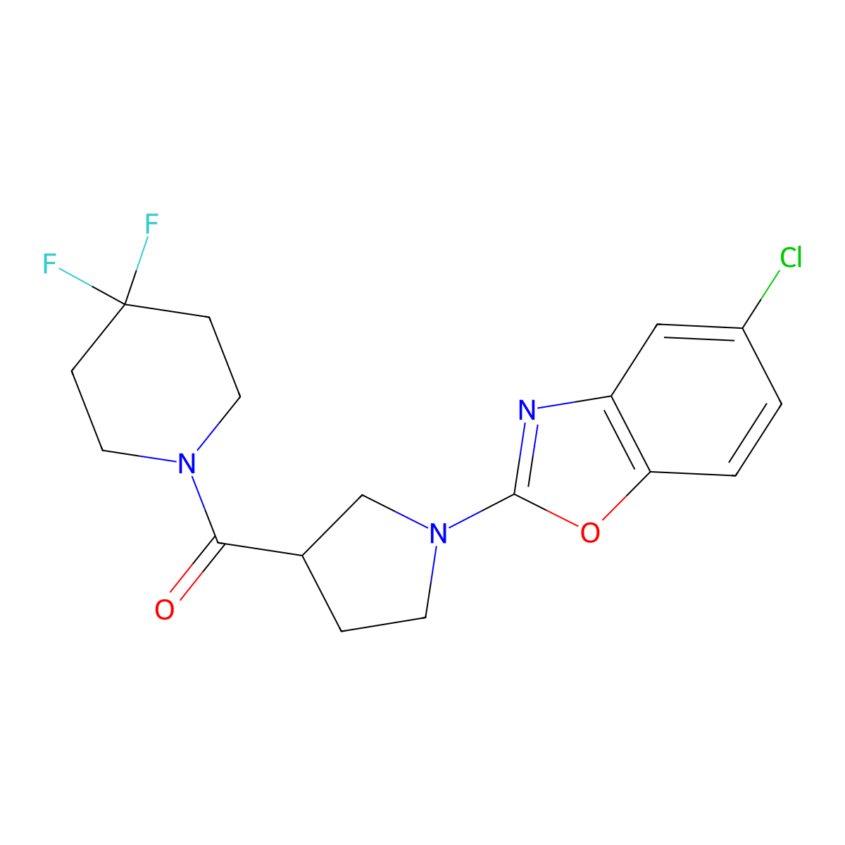 5-Chloro-2-[3-(4,4-difluoropiperidine-1-carbonyl)pyrrolidin-1-yl]-1,3-benzoxazole molecular structure, CAS 2877637-21-1