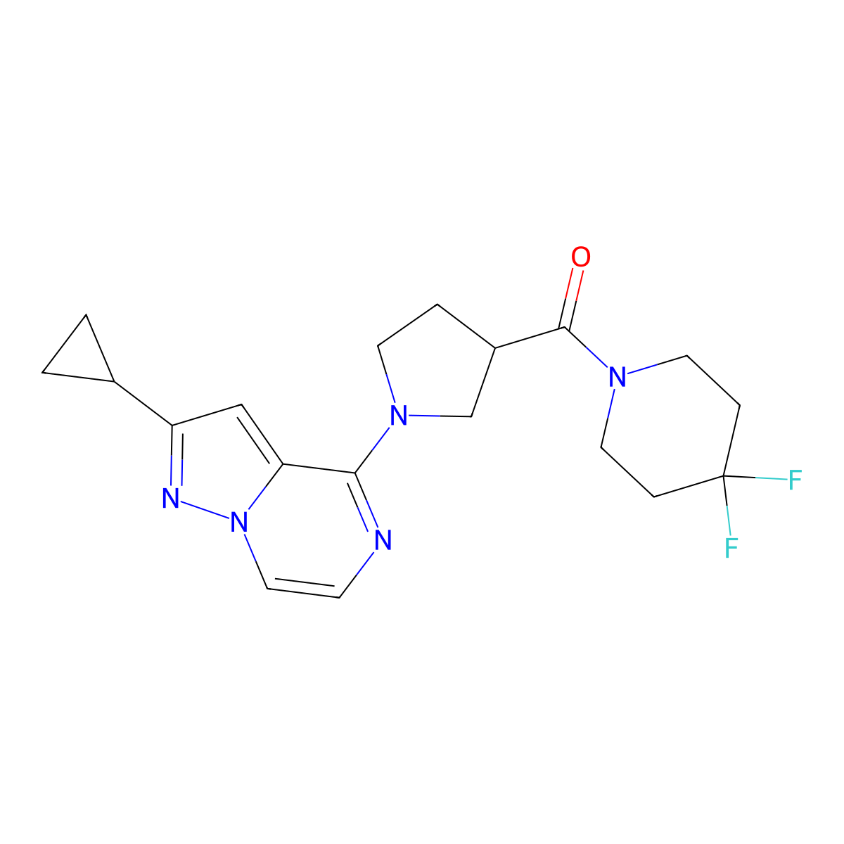 1-(1-{2-Cyclopropylpyrazolo[1,5-a]pyrazin-4-yl}pyrrolidine-3-carbonyl)-4,4-difluoropiperidine molecular structure, CAS 2877637-23-3
