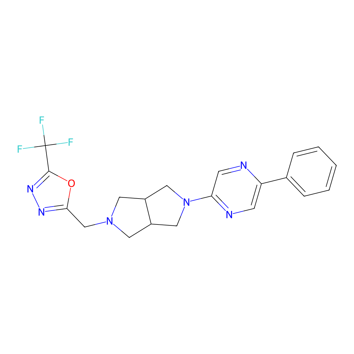 2-Phenyl-5-(5-{[5-(trifluoromethyl)-1,3,4-oxadiazol-2-yl]methyl}-octahydropyrrolo[3,4-c]pyrrol-2-yl)pyrazine molecular structure, CAS 2877637-66-4