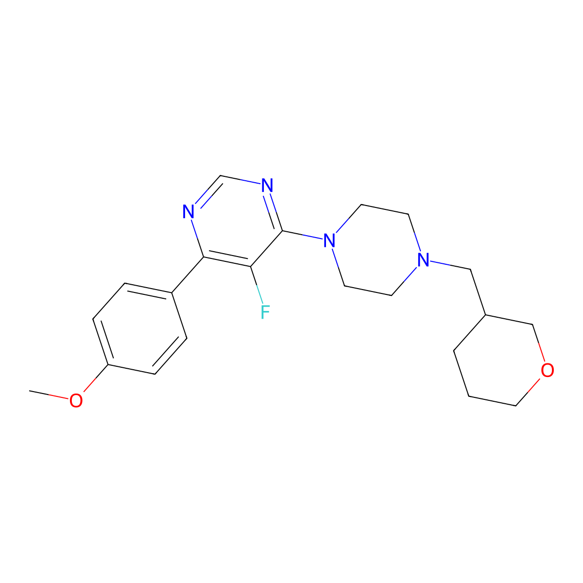 5-Fluoro-4-(4-methoxyphenyl)-6-{4-[(oxan-3-yl)methyl]piperazin-1-yl}pyrimidine molecular structure, CAS 2877637-68-6