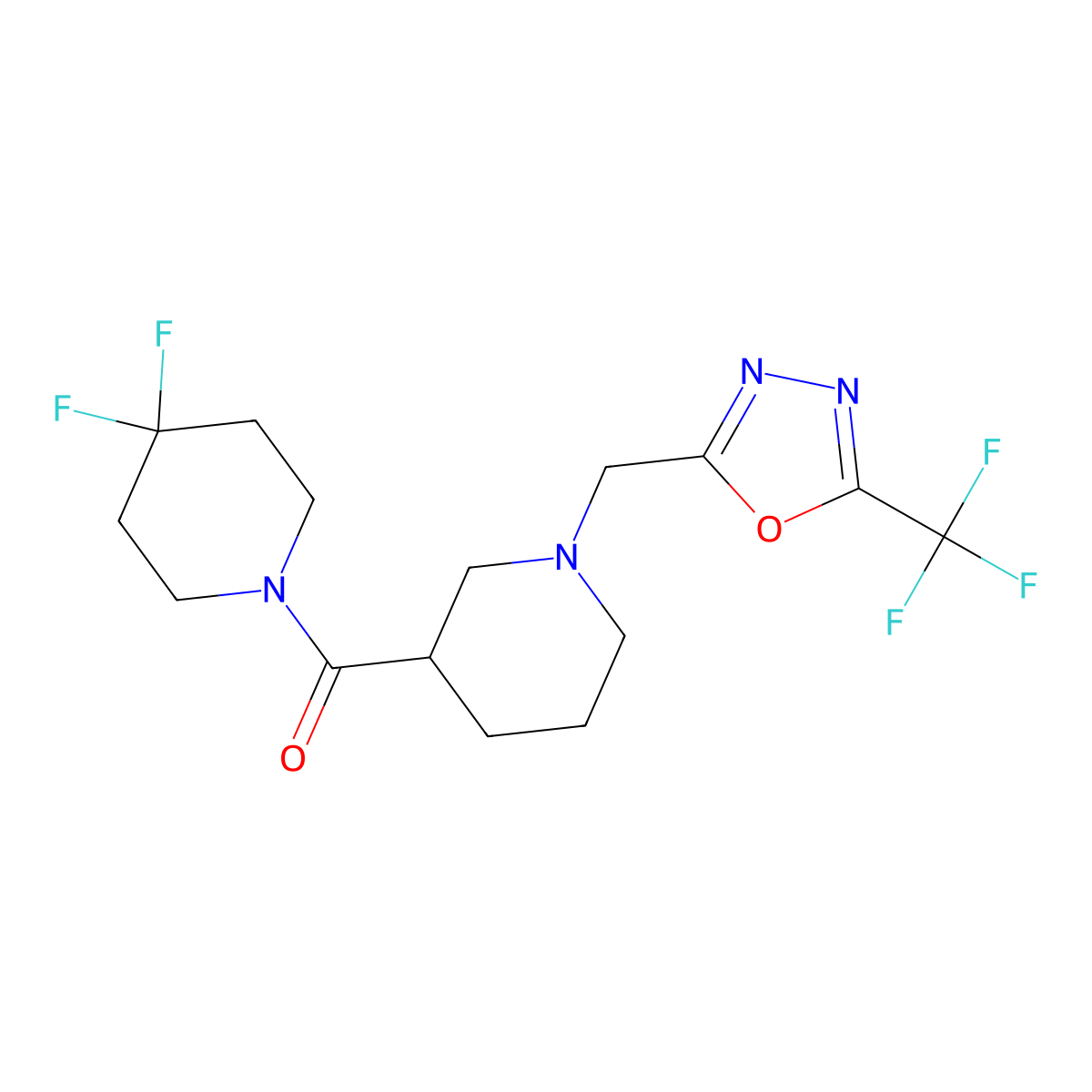 4,4-Difluoro-1-(1-{[5-(trifluoromethyl)-1,3,4-oxadiazol-2-yl]methyl}piperidine-3-carbonyl)piperidine molecular structure, CAS 2877637-82-4