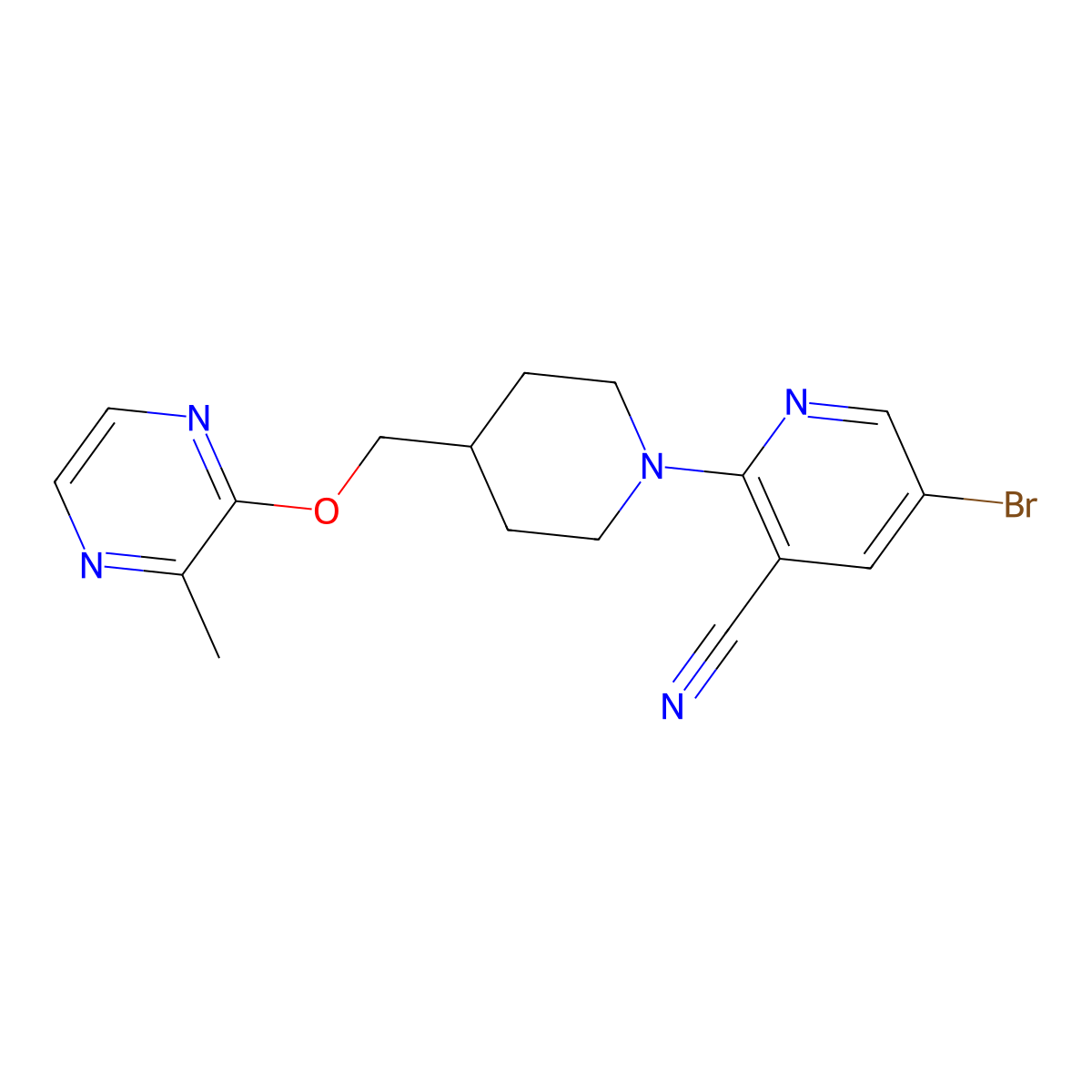 5-Bromo-2-(4-{[(3-methylpyrazin-2-yl)oxy]methyl}piperidin-1-yl)pyridine-3-carbonitrile molecular structure, CAS 2877637-88-0