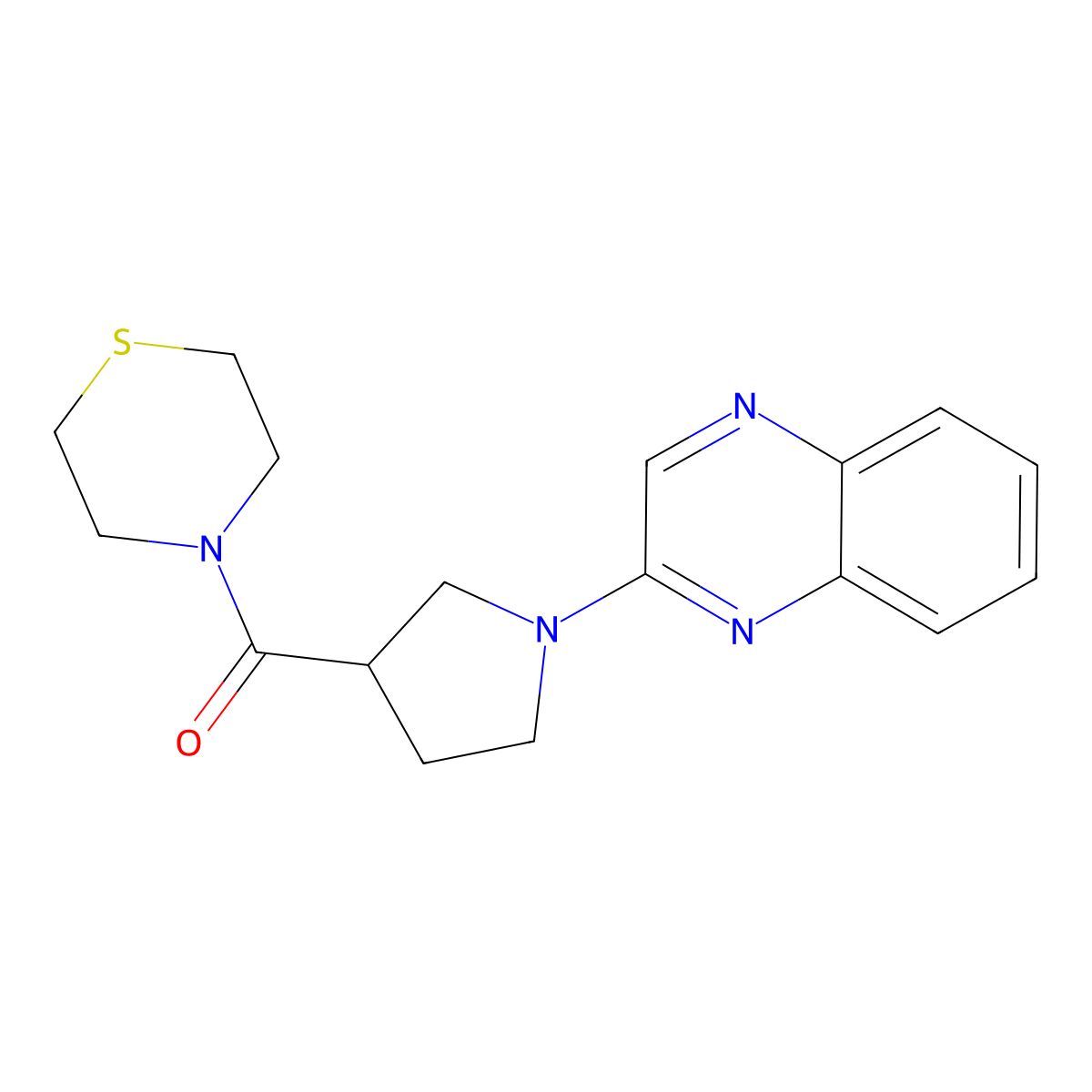 2-[3-(Thiomorpholine-4-carbonyl)pyrrolidin-1-yl]quinoxaline molecular structure, CAS 2877637-91-5