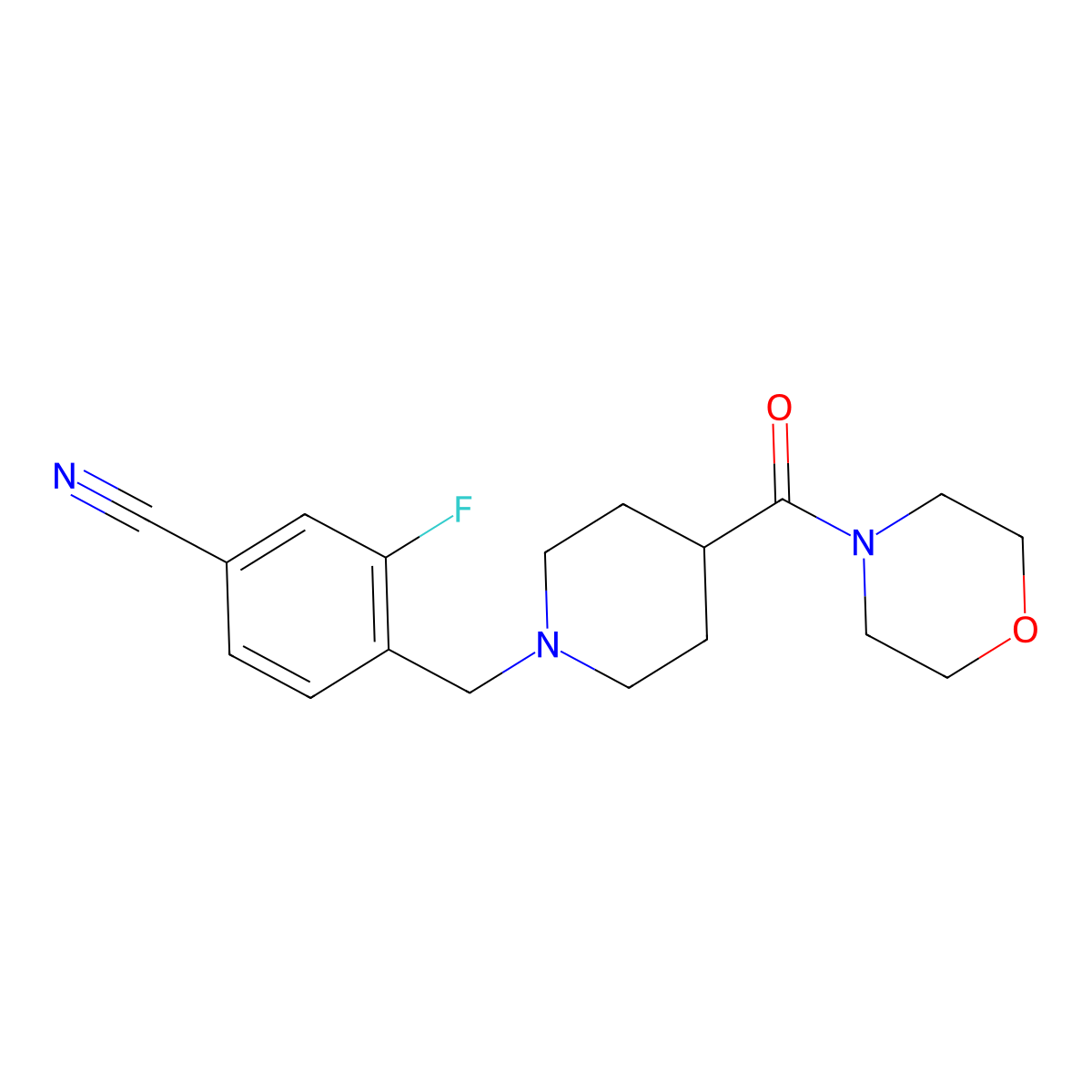 3-Fluoro-4-{[4-(morpholine-4-carbonyl)piperidin-1-yl]methyl}benzonitrile molecular structure, CAS 2877637-99-3