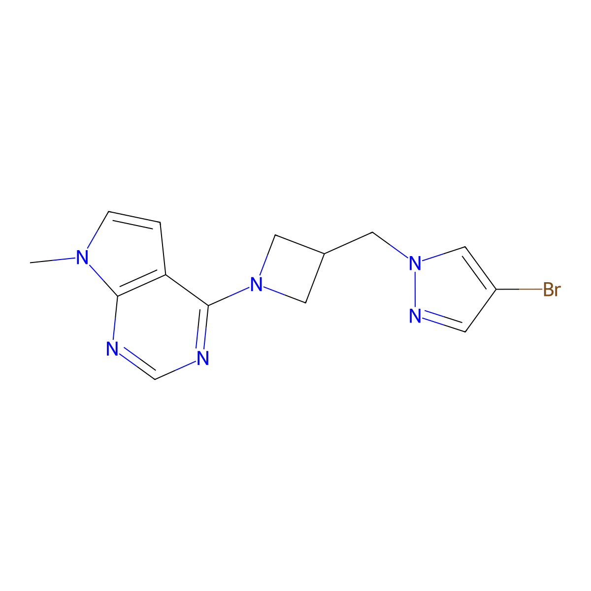 4-bromo-1-[(1-{7-methyl-7H-pyrrolo[2,3-d]pyrimidin-4-yl}azetidin-3-yl)methyl]-1H-pyrazole molecular structure, CAS 2877638-06-5