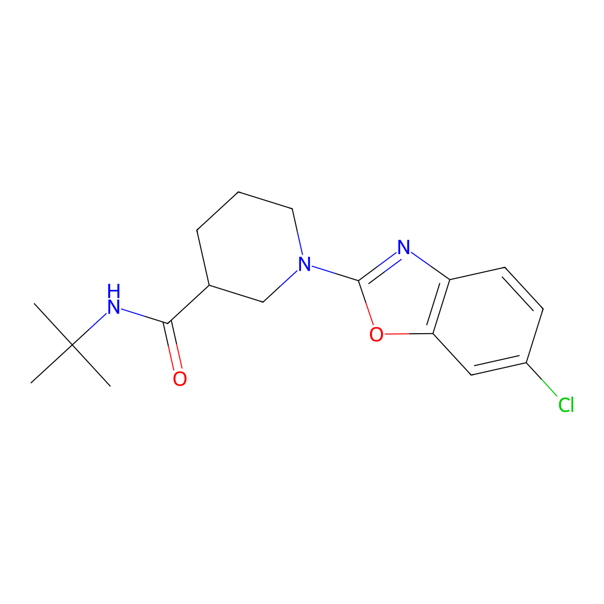 N-tert-butyl-1-(6-chloro-1,3-benzoxazol-2-yl)piperidine-3-carboxamide molecular structure, CAS 2877638-07-6