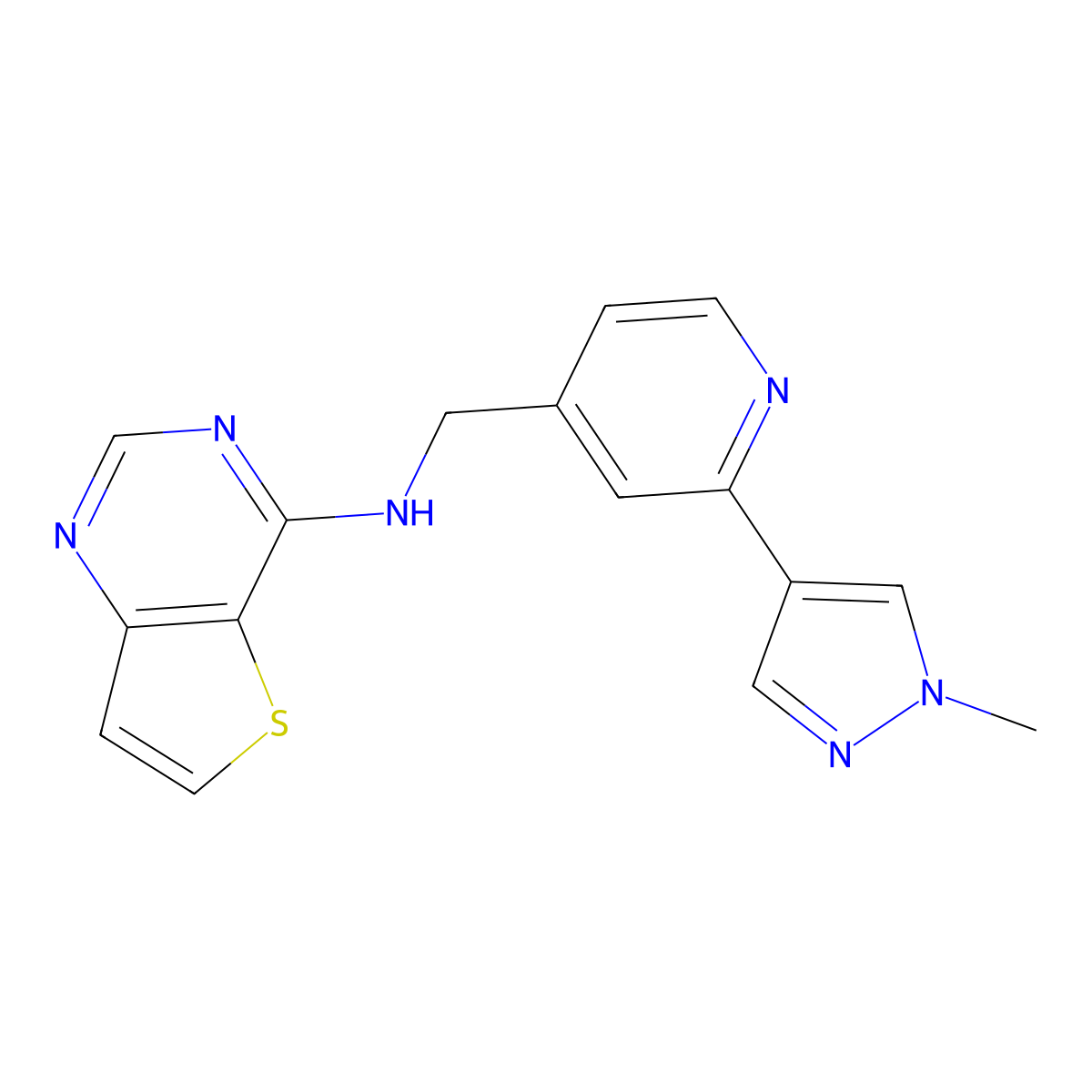 N-{[2-(1-methyl-1H-pyrazol-4-yl)pyridin-4-yl]methyl}thieno[3,2-d]pyrimidin-4-amine molecular structure, CAS 2877638-12-3