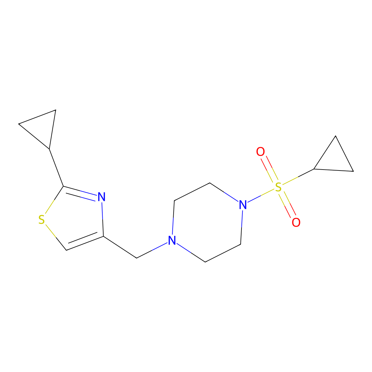 1-(Cyclopropanesulfonyl)-4-[(2-cyclopropyl-1,3-thiazol-4-yl)methyl]piperazine molecular structure, CAS 2877638-20-3