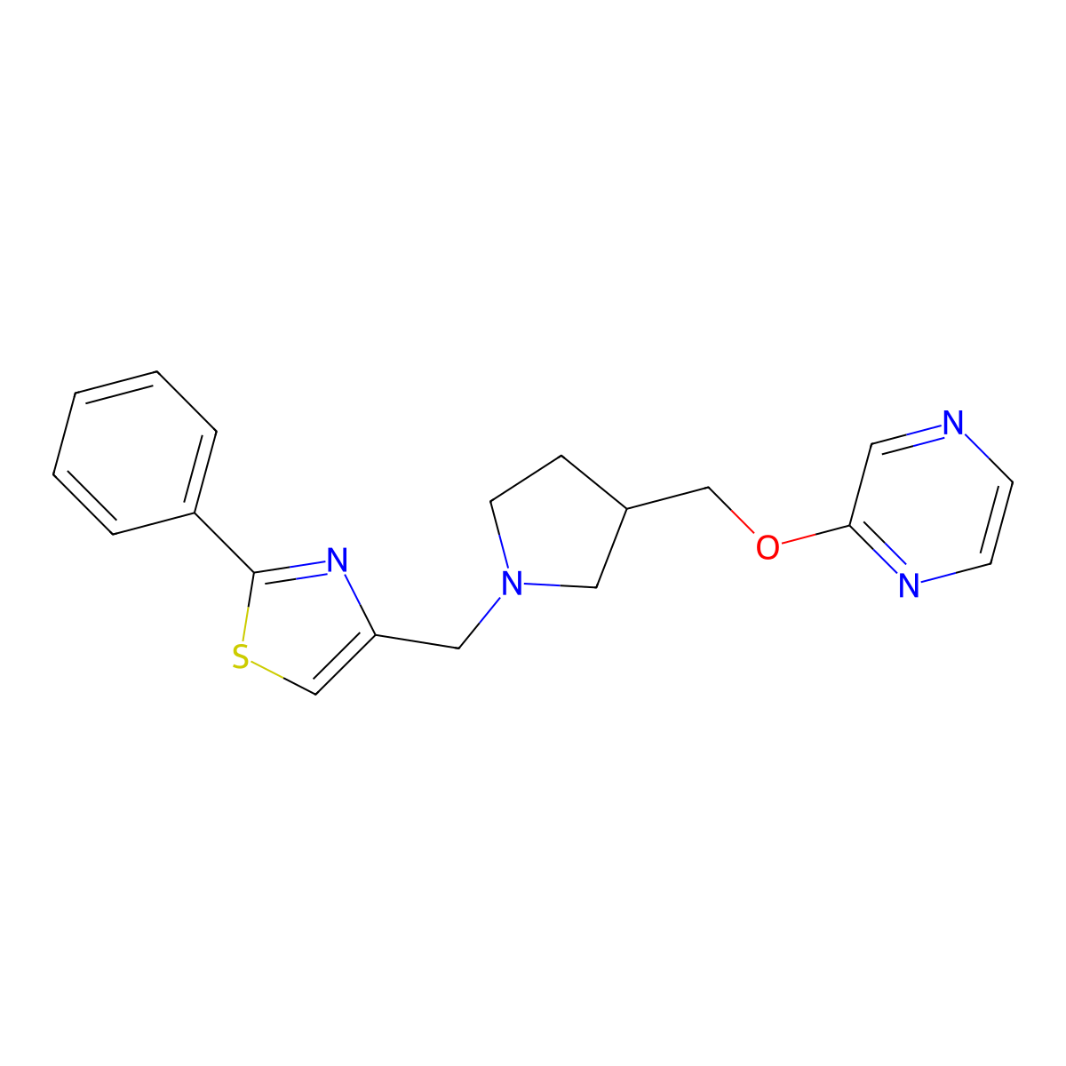 2-({1-[(2-Phenyl-1,3-thiazol-4-yl)methyl]pyrrolidin-3-yl}methoxy)pyrazine molecular structure, CAS 2877638-31-6