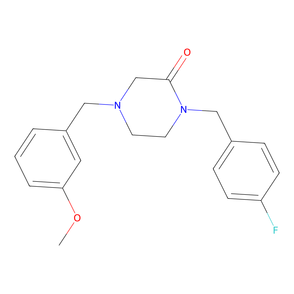 1-[(4-Fluorophenyl)methyl]-4-[(3-methoxyphenyl)methyl]piperazin-2-one molecular structure, CAS 2877638-36-1