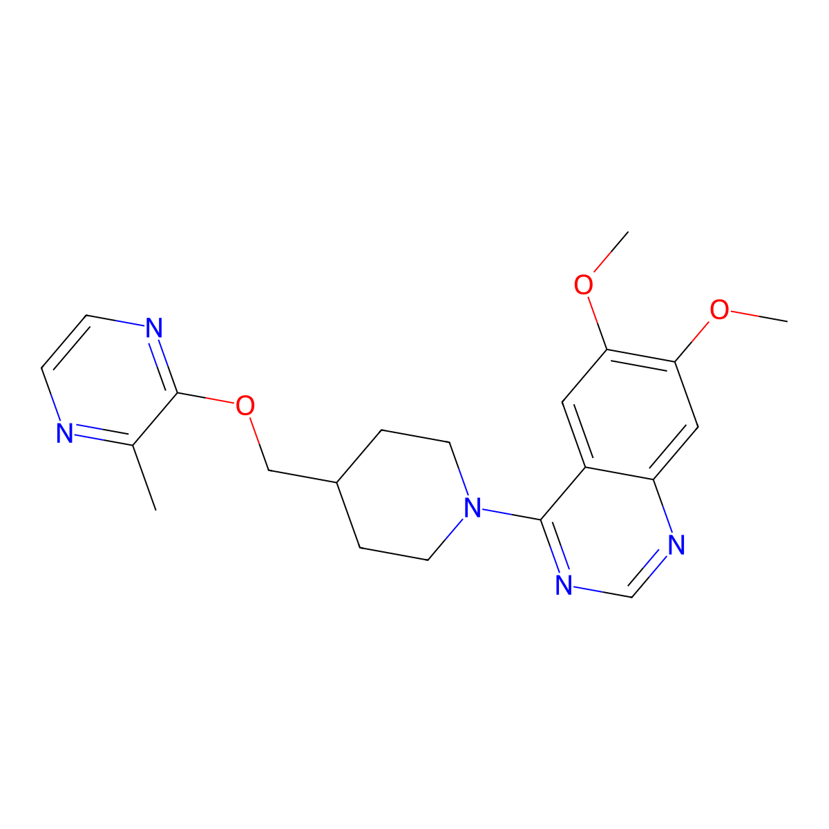 6,7-Dimethoxy-4-(4-{[(3-methylpyrazin-2-yl)oxy]methyl}piperidin-1-yl)quinazoline molecular structure, CAS 2877638-40-7